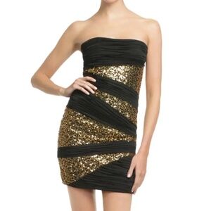 Robert Rodriguez Black Silk Gold Sequin Strapless Mini Dress Size 0